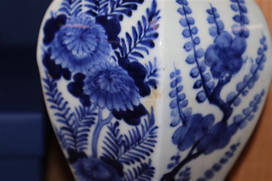 A 19th century Chinese blue and white hexagonal baluster vase (lacking cover) height 24cm